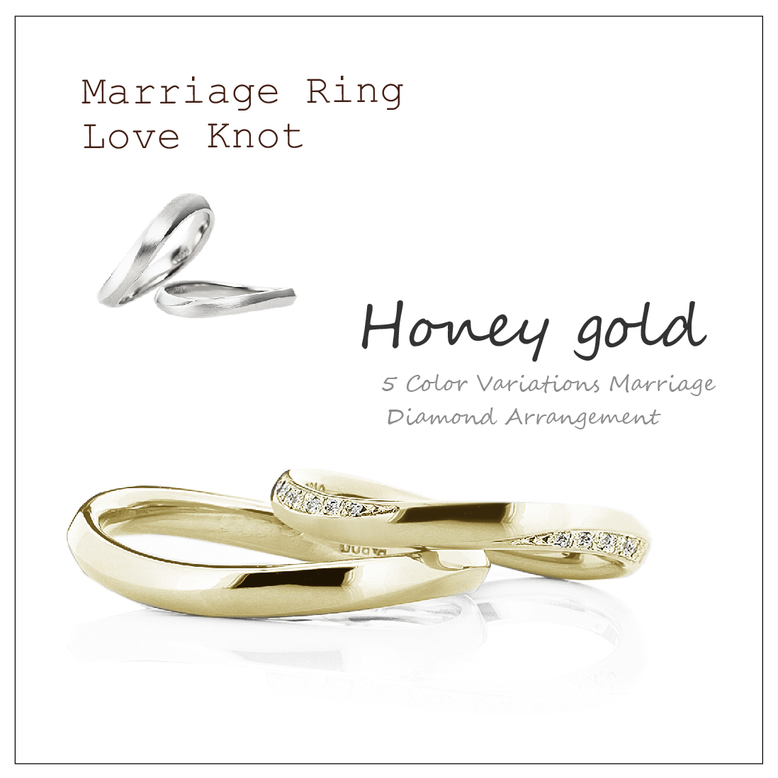 ウエーブのペアの結婚指輪です。2本ともはちみつのような色のハニーゴールドで、レディースはメレダイヤを2面に並べたアレンジです。
