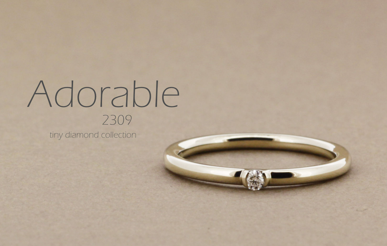 「Adorable」という名前が付いた、シンプルで細い丸みのあるアームに小さなダイヤモンドを1粒留めた指輪の詳細ページ