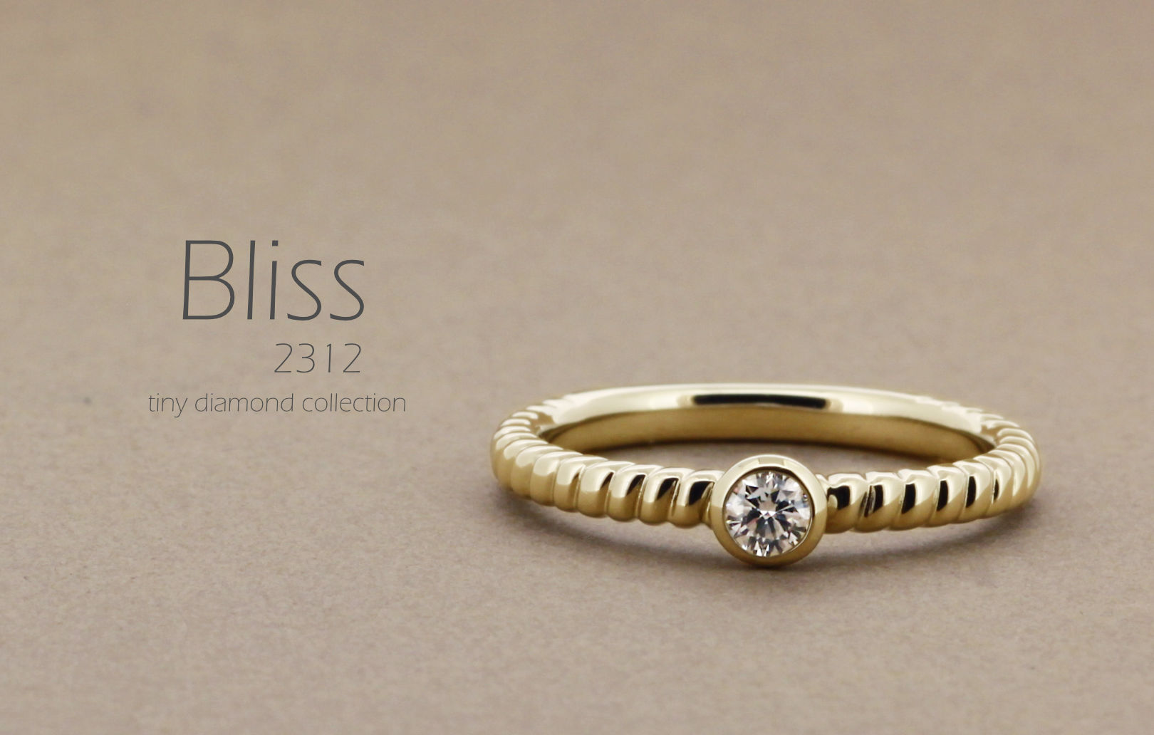 「Bliss」という名前が付いた、大きめの縄目のようなデザインアームに0.1ctのダイヤモンドをフクリンで指輪の詳細ページトップ