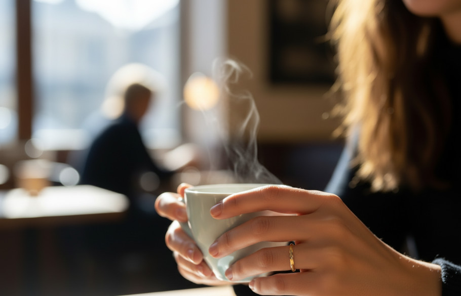 カフェでお茶しているゴールドの指輪をつけた女性の手元